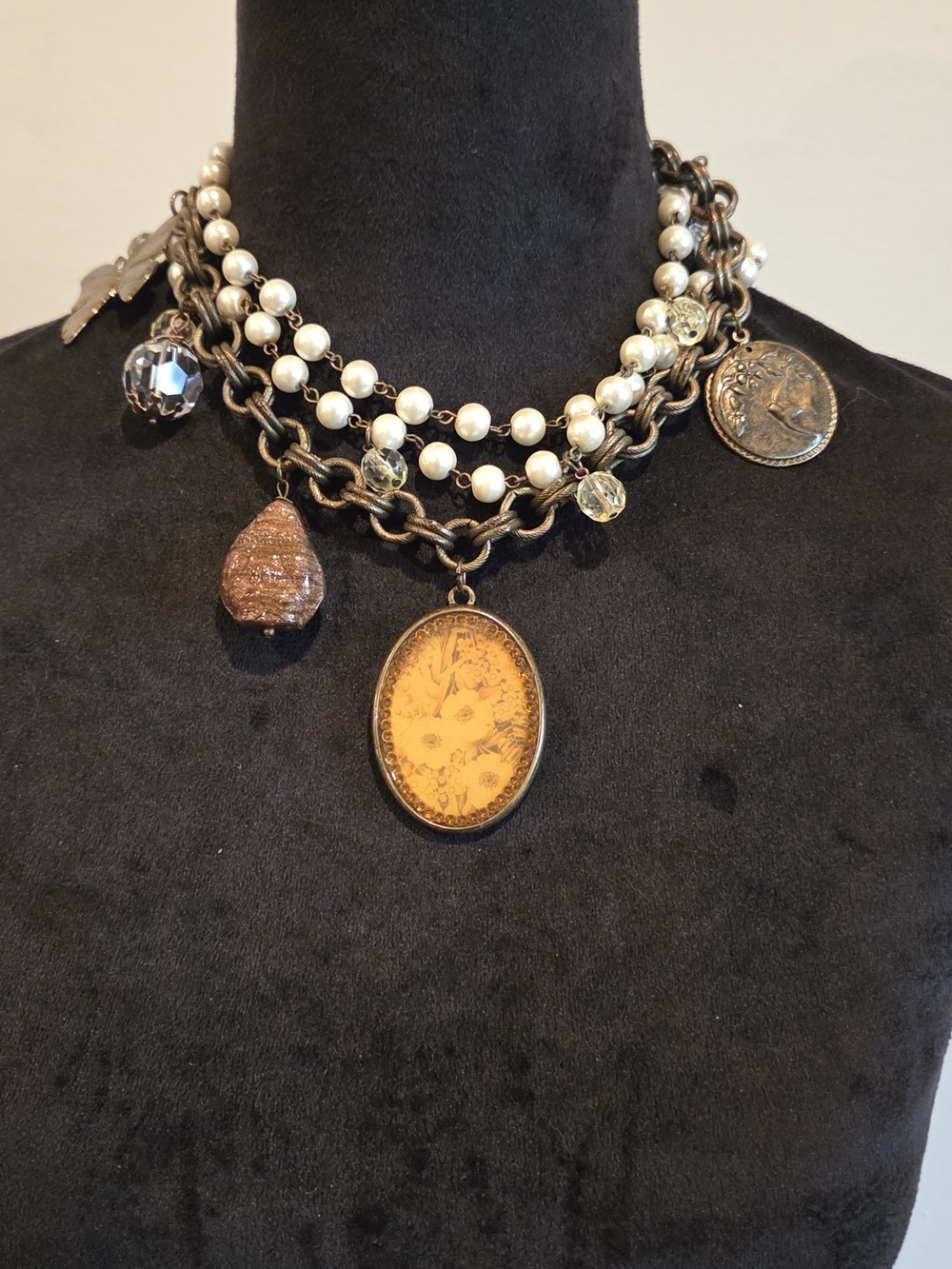 Multi-Strand Pearl & Charm Statement Necklace - Antique Gold and Cream